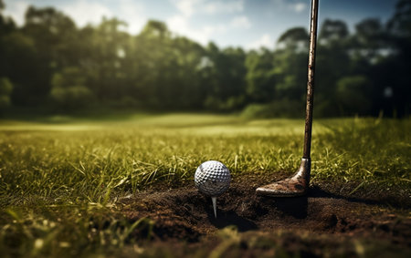 A golf ball next to a golf club on the grassの素材