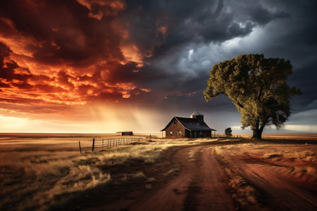 Farmhouse Amidst Approaching Storm: Captured Photographの素材