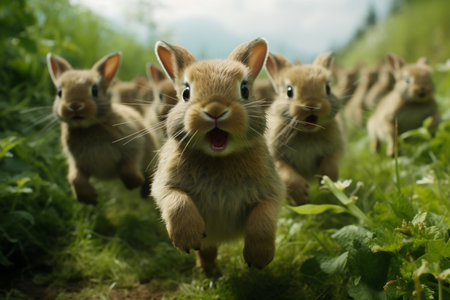 Herd of Bunnies Sprinting in Verdant Meadowの素材