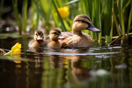 Mother Duck with Two Ducklings Swimming in a Lakeの素材