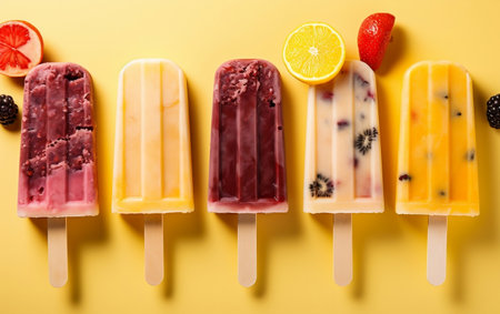 Assorted Fruit Popsicles Collection on Stick Generative AIの素材