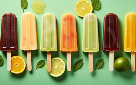 Assorted Fruit Popsicles Collection on Stick Generative AIの素材