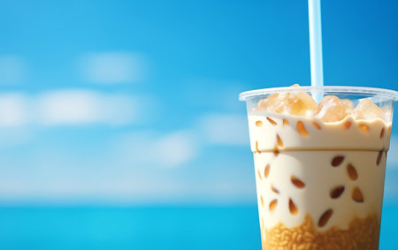 Closeup of Ice Bubble or Boba Milk Tea Plastic Cup. Generative AIの素材