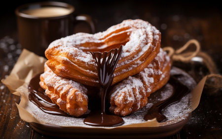 Heart-Shaped Chocolate Drizzle Churros Generative AIの素材
