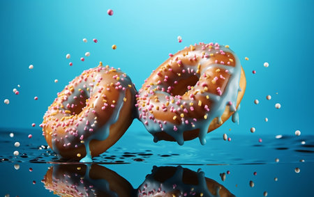 Delicious Donut Falling on Blue Background Generative AIの素材