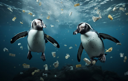 Penguin Pair Gliding Ocean Waters Generative ALの素材