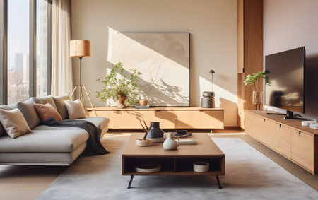 Comfortable Corner Couch and Wooden Coffee Table in Living Room Generative AIの素材