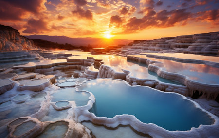 Enchanting Sunrise and Tranquil Pools Generative AIの素材