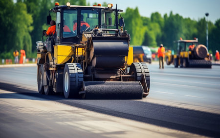 Hot Asphalt Rolling on New Road Generative AIの素材