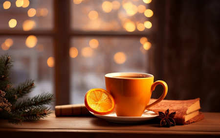 Coffee Cup on Wooden Surface Generative AIの素材