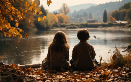 Autumnal Siblings by the River Generative AIの素材