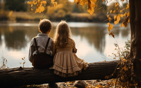 Autumnal Siblings by the River Generative AIの素材