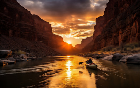 Sunset Kayaking in Canyon Valley Generative AIの素材