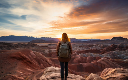 Vibrant Female Hiker on Colorful Sandstone Mountain Generative AIの素材
