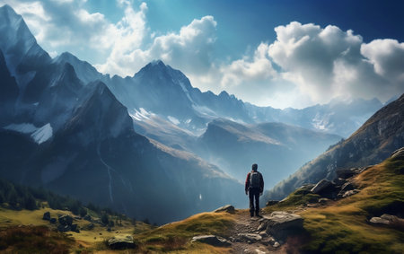 A Lone Hiker Amidst Majestic Panorama Generative AIの素材