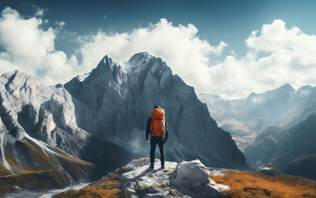 A Lone Hiker Amidst Majestic Panorama Generative AIの素材