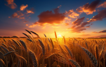 Sunset Landscape with Ripe Wheat Field Generative AIの素材