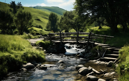 River Crossing Rustic Wooden Bridge Generative AIの素材