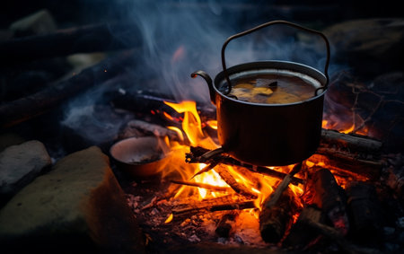 Metal Campfire Enamel Mug with Herbal Tea Generative AIの素材