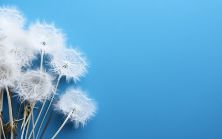 Elegant White Dandelion against a Blue Background Generative AIの素材