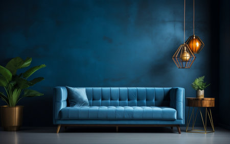 Blue Sofa and Empty Dark Blue Wall Background Interior Generative AIの素材