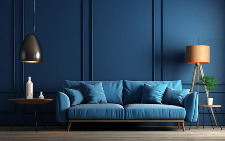 Blue Sofa and Empty Dark Blue Wall Background Interior Generative AIの素材