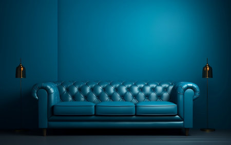 Blue Sofa and Empty Dark Blue Wall Background Interior Generative AIの素材