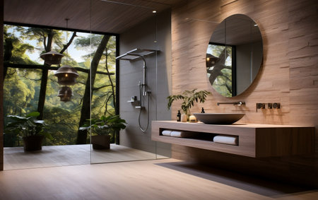 Contemporary Bathroom Interior Design with Marble Flooring Generative AIの素材