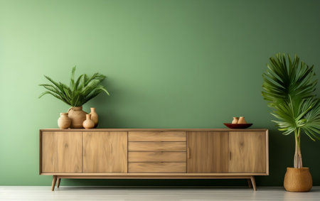 Interior with Wooden Sideboard and Plants on Green Background Generative AIの素材