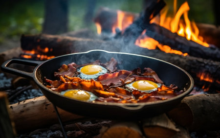 Rustic Campfire Breakfast Bacon and Eggs in Cast Iron Generative AIの素材