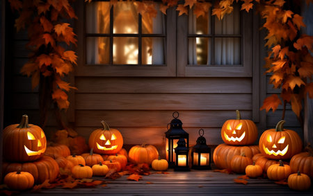 Autumn Themed Background with Halloween Pumpkins Candles and Foliage Generative AIの素材