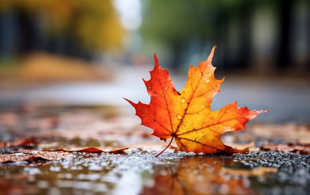 CloseUp of Autumn Maple Leaf on Rain Drenched Road Background Generative AIの素材