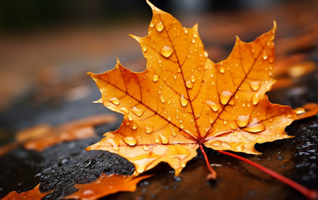 CloseUp of Autumn Maple Leaf on Rain Drenched Road Background Generative AIの素材