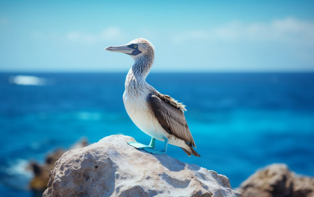 Adorable Blue Footed Booby on Rock Against Blurred Blue Generative AIの素材