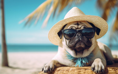 Adorable Pug in Stylish Straw Hat and Contemporary Sunglasses Relaxing Generative AIの素材