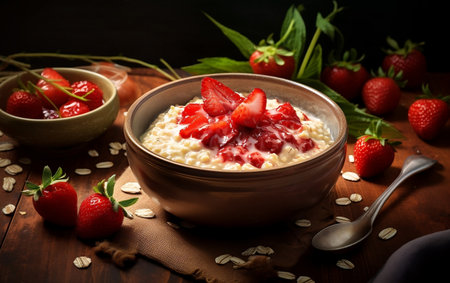Oatmeal Bowl with Rolled Oats, Milk, and Fresh Strawberries Generative AIの素材