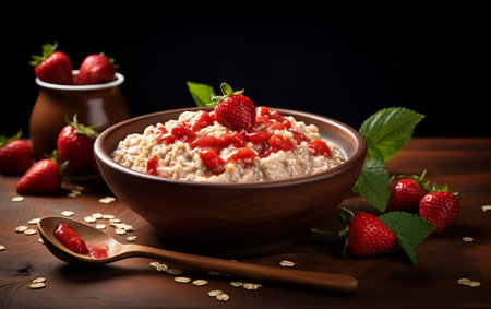 Oatmeal Bowl with Rolled Oats, Milk, and Fresh Strawberries Generative AIの素材
