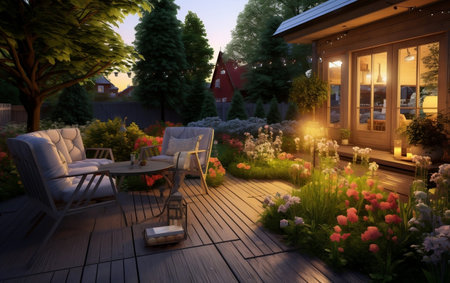 Summer evening place on the back side of the house AIの素材