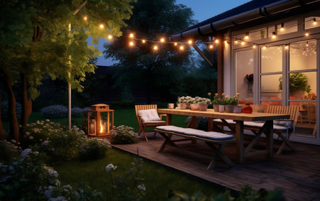 Summer evening place on the back side of the house AIの素材