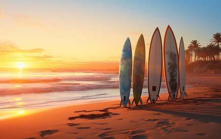Surfboards standing on the beach AIの素材