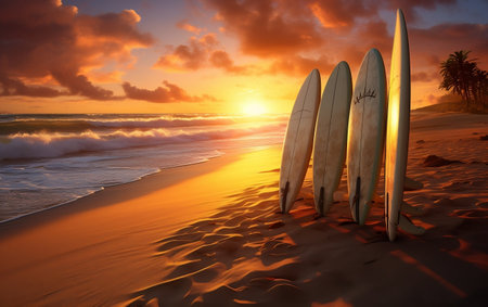 Surfboards standing on the beach AIの素材