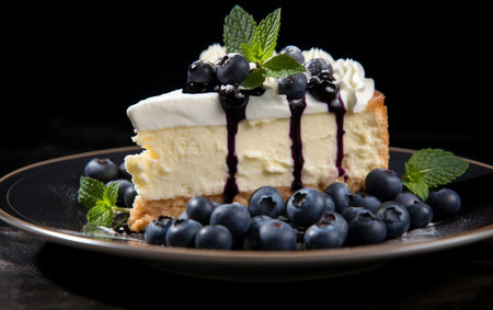 Cheesecake with Blueberries and Mint on a Backgroundの素材