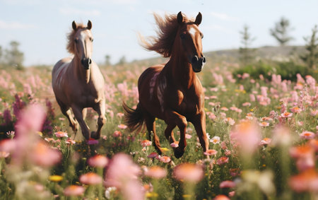 Horses in flower meadowの素材