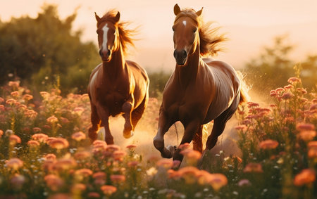 Horses in flower meadowの素材