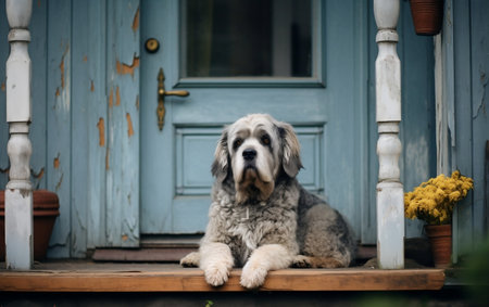The dog waiting owner in front of the houseの素材