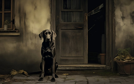 The dog waiting owner in front of the houseの素材