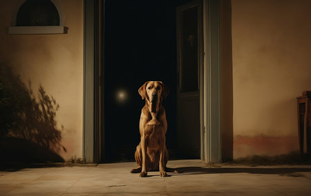 The dog waiting owner in front of the houseの素材