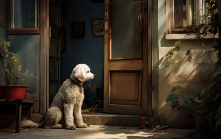 The dog waiting owner in front of the houseの素材
