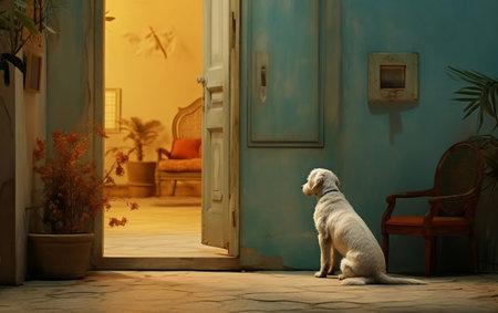 The dog waiting owner in front of the houseの素材
