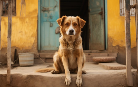 The dog waiting owner in front of the houseの素材